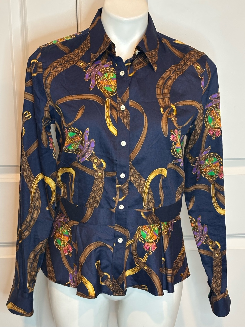 Lauren Ralph Lauren Navy Equestrian Bridle Horse Shoe Print Cotton Peplum Shirt